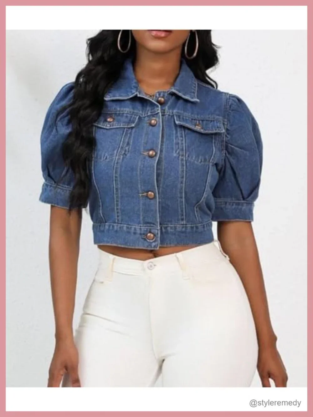 Cropped Denim Jacket Short Puff Sleeve Button Down Summer Lightweight